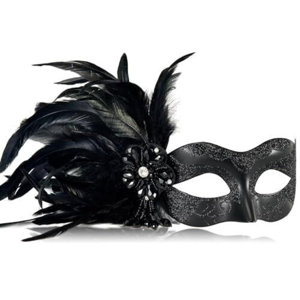 9434 2025 New Black Masquerade Masks with Feathers - Mascarade Venetian